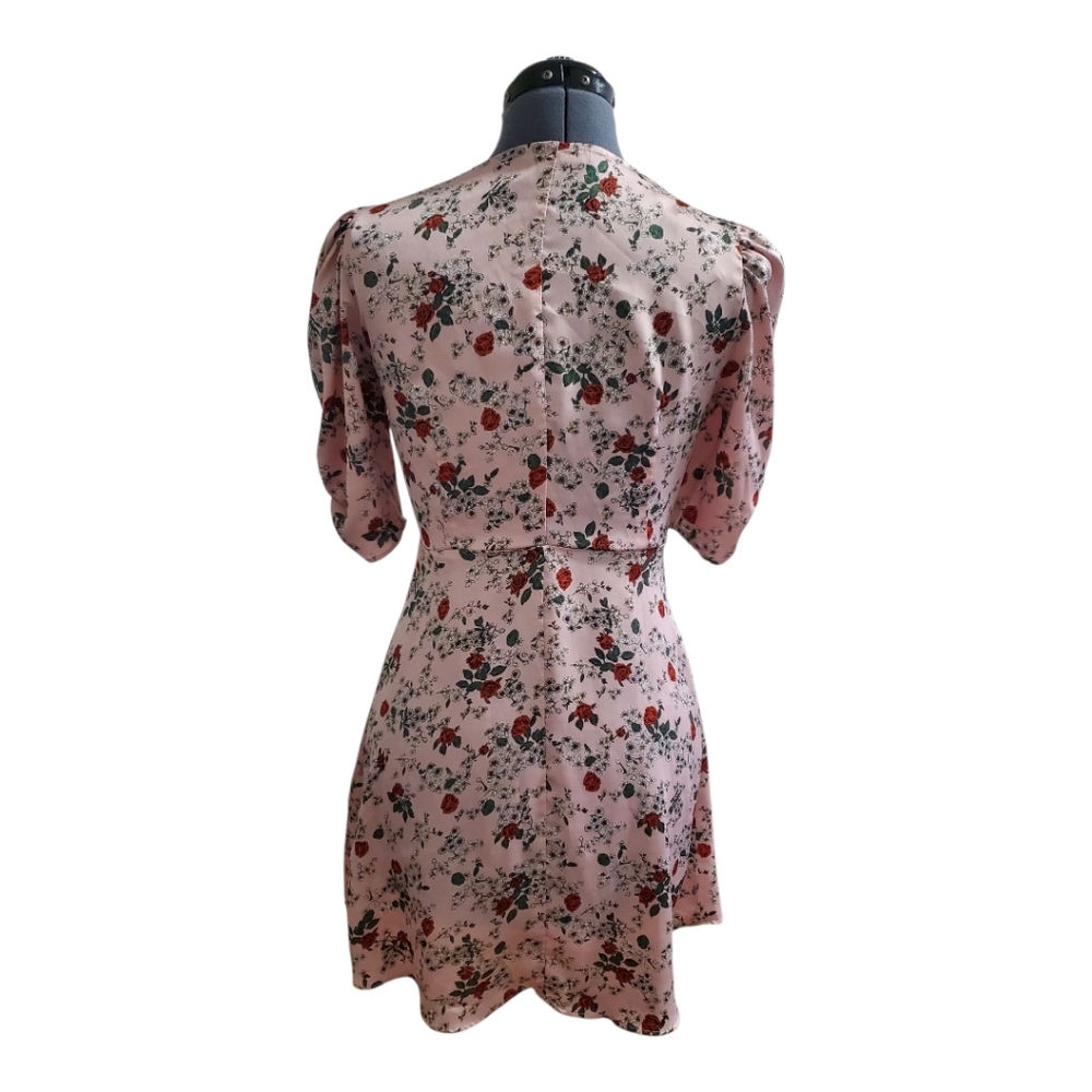 ZARA Mini Dress Pink Floral Print v-neck puff sleeve ruching XS Coquette Girl - Picture 2 of 8